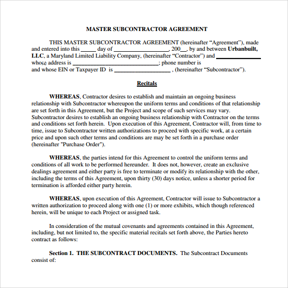 subcontractor contract template