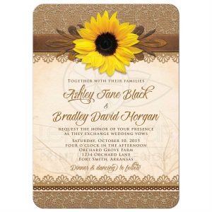 sunflower wedding invitations roundedrectangle rustic burlap lace and wood sunflower wedding invitation front