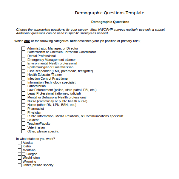 Survey Demographic Questions Template Business