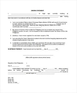 sworn statement template legal sworn statement template