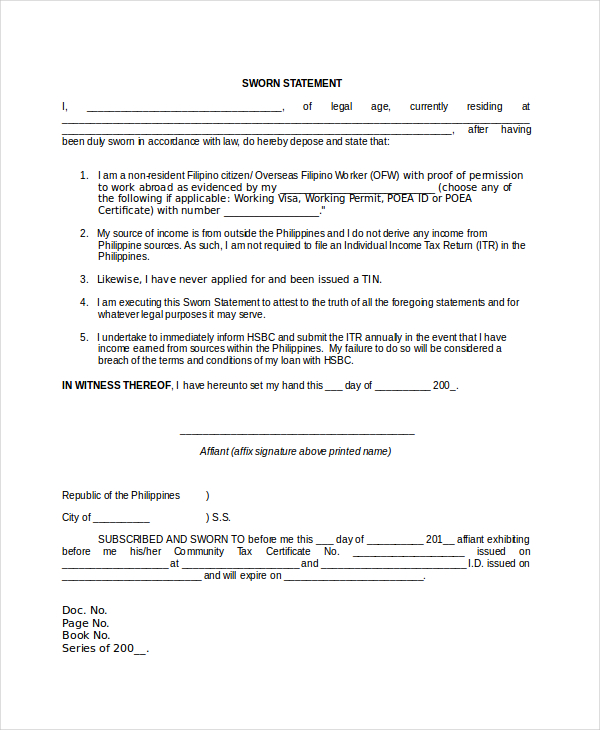 sworn statement template