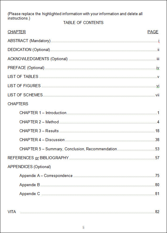 table of contents template