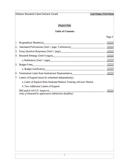 table of contents template