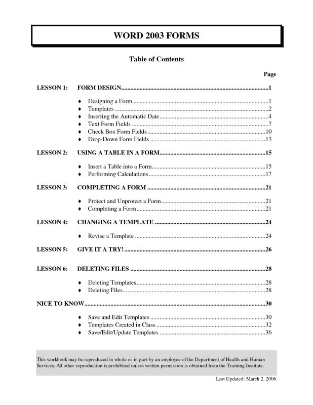 table of contents template