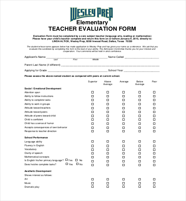 teacher evaluation form