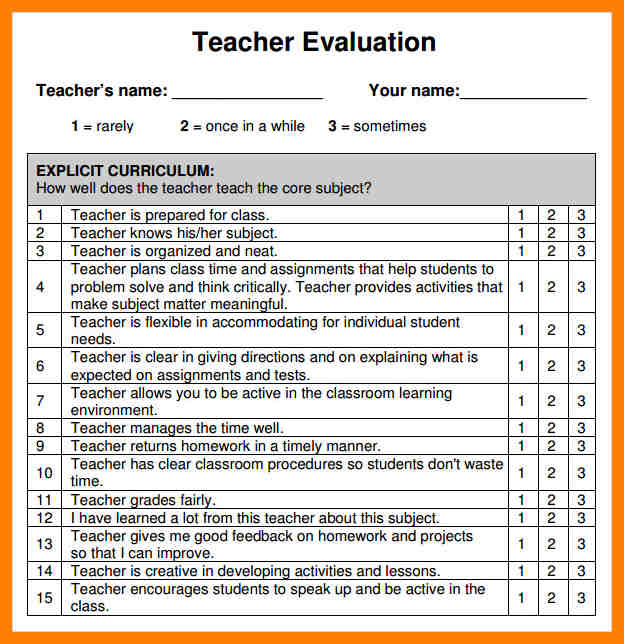 Teacher Evaluation Form Template Business