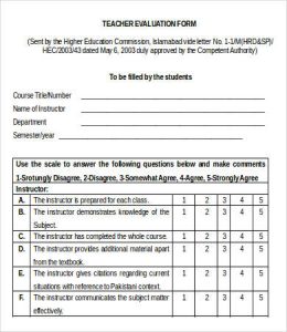 teacher evaluation form printable teacher evaluation form