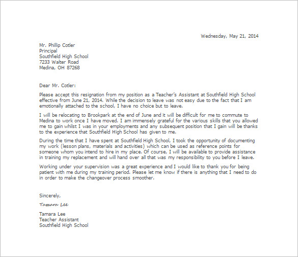 Teacher Resignation Letter Template Business