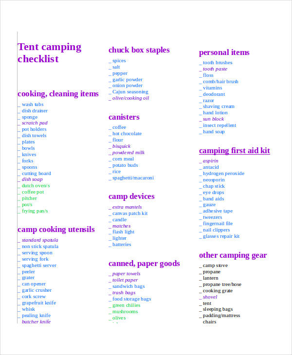 tent camping checklist template business