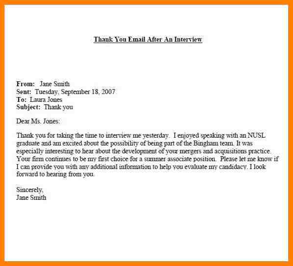 Sample Thank You Letter After Interview Subject Line