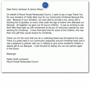 thank you letter after receiving donation mount forest pentecostal church