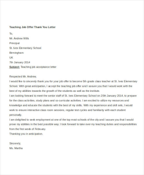 thank you letter for job offer