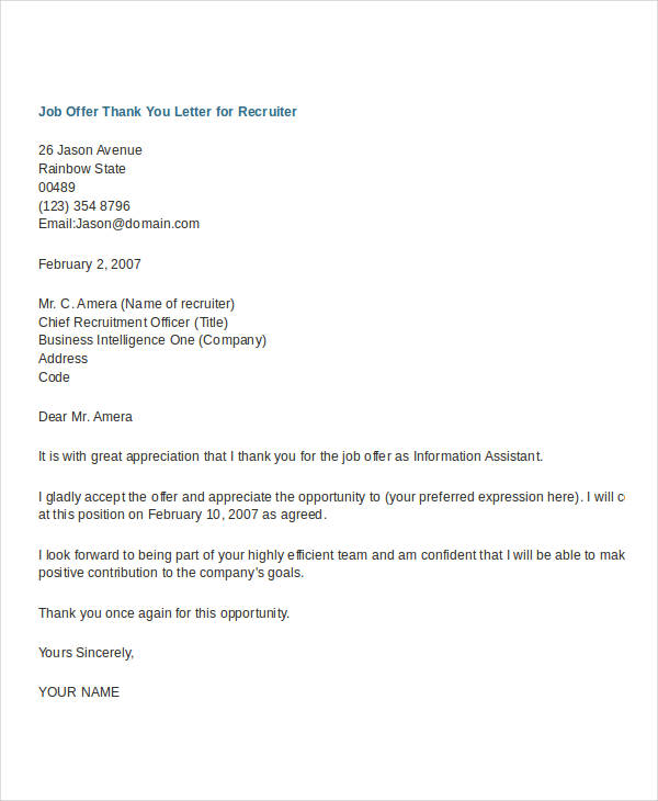 thank you letter for job offer