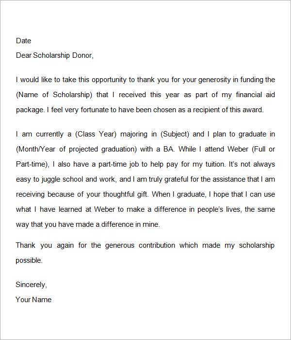 thank you letter to scholarship donor