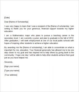 thank you scholarship letter high school scholarship thank you letter sample