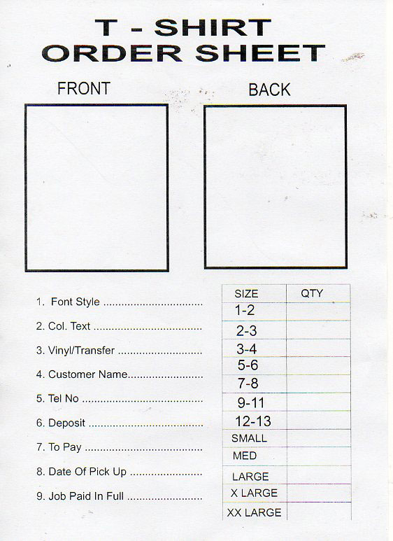 T Shirt Order Forms Printable