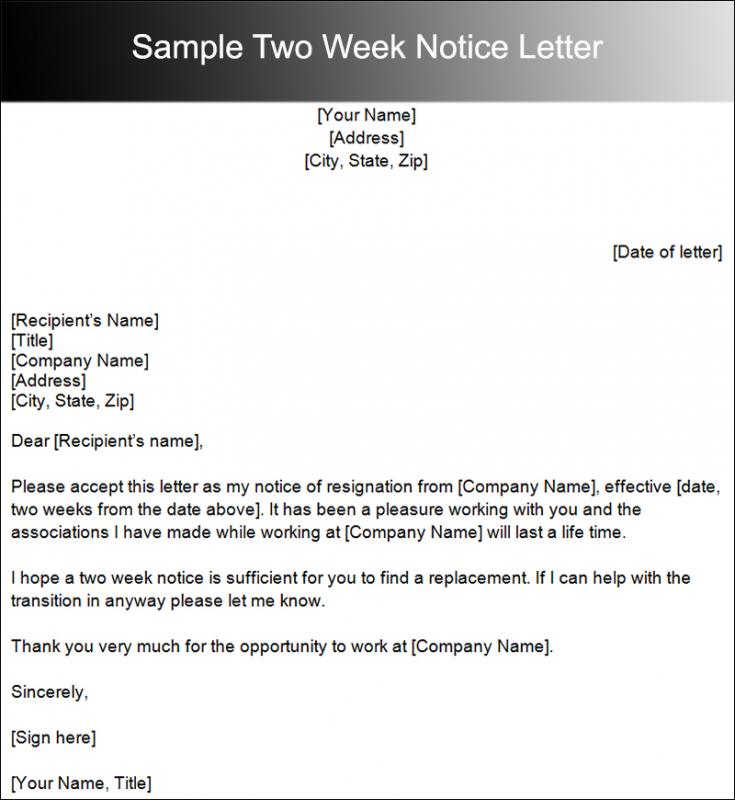 Two Weeks Notice Letter Sample Template Business