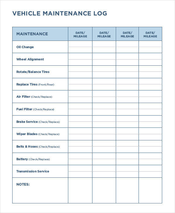 Vehicle Maintenance Log Template Business