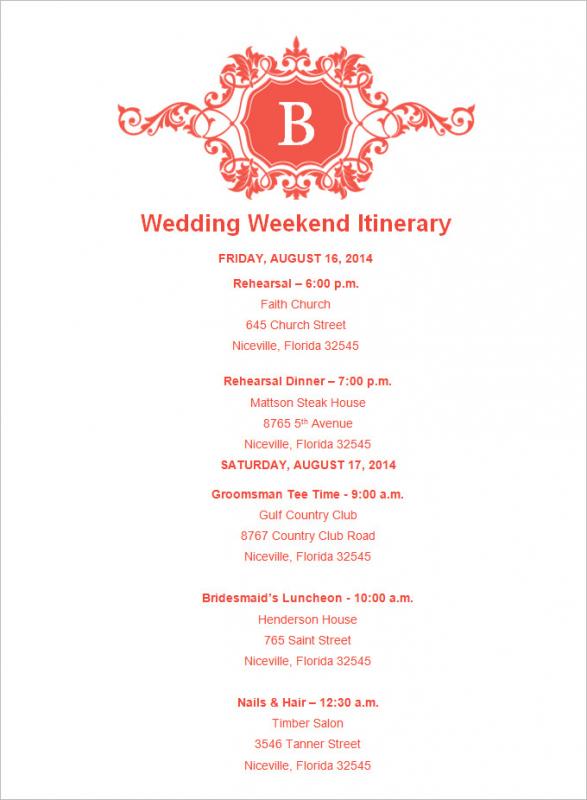 wedding itinerary template