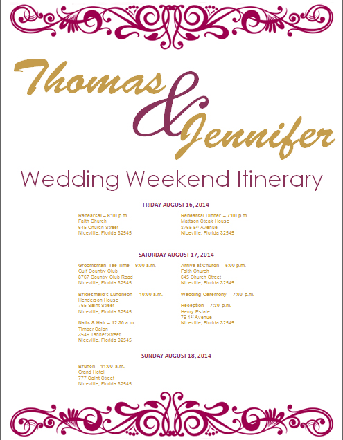 wedding itinerary template