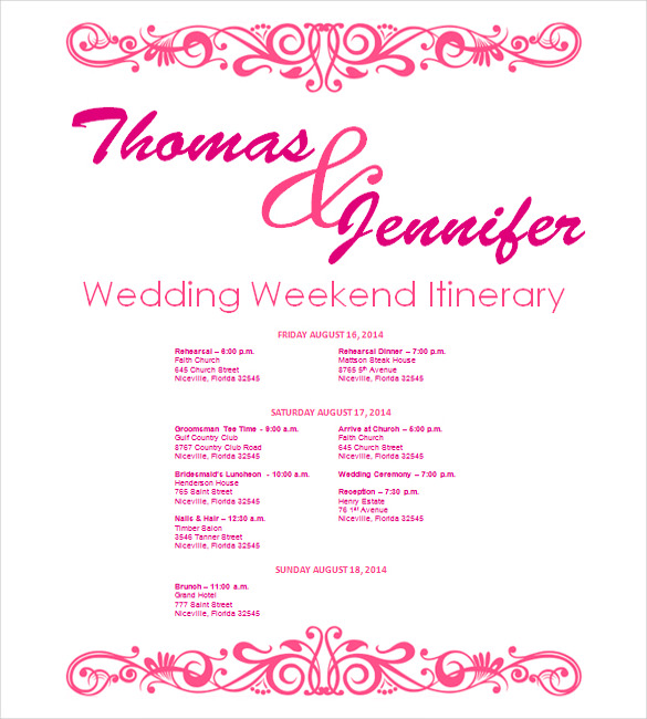 wedding itinerary template