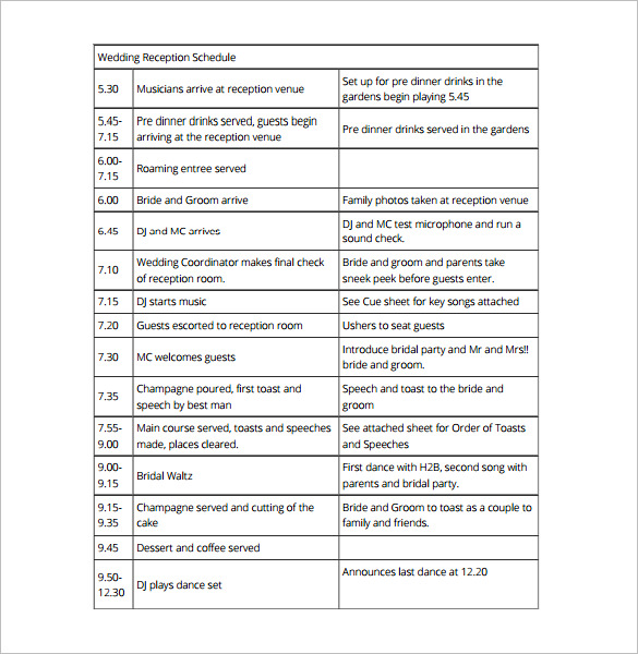 wedding schedule template