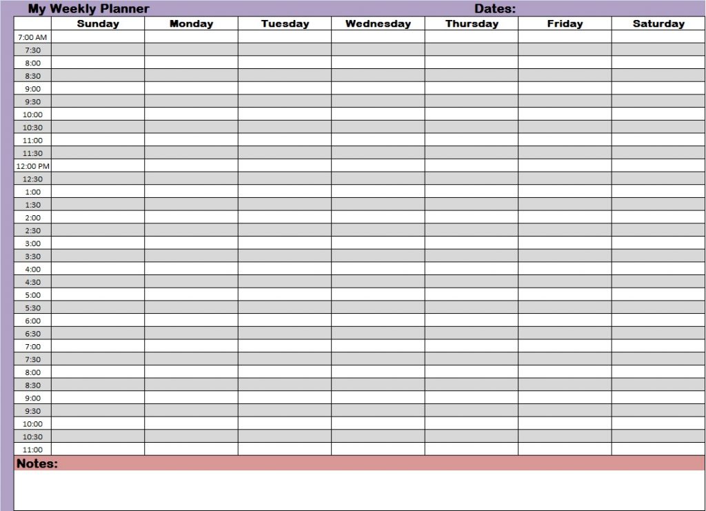 weekly hourly planner template business