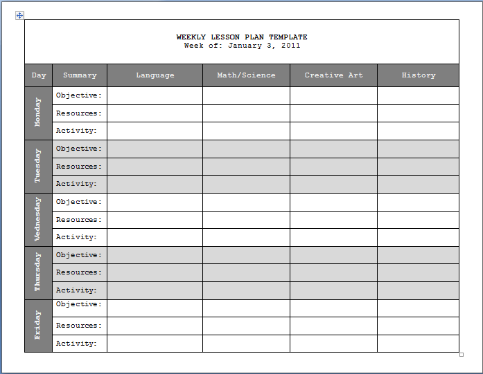 weekly lesson plan template