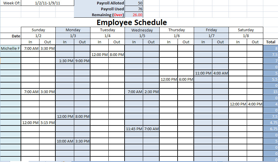 work schedule template