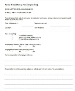 written warning template formal written warning form